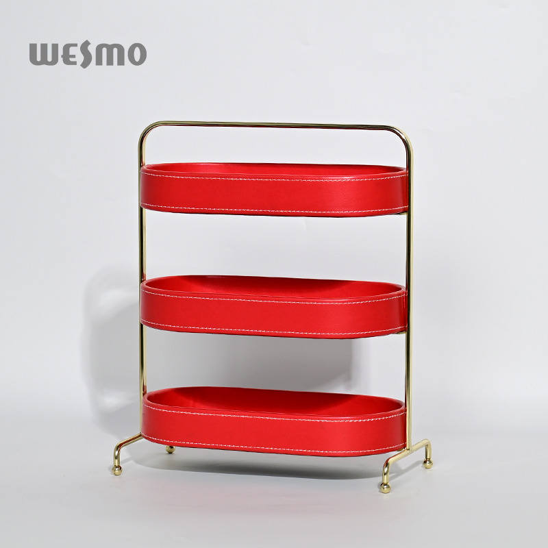 Modern Stainless steel + electroplating + red leather desk storage table tray